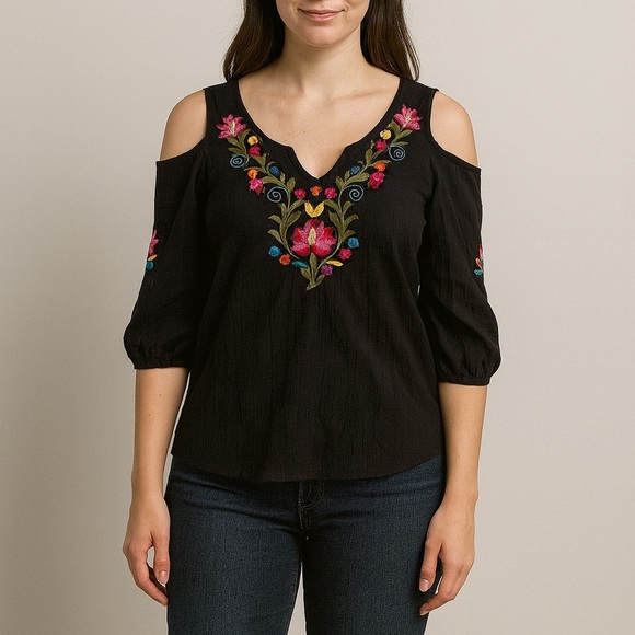 Urban Outfitters Black Floral Embroidered Open Shoulder Top Size Small. - Picture 1 of 7